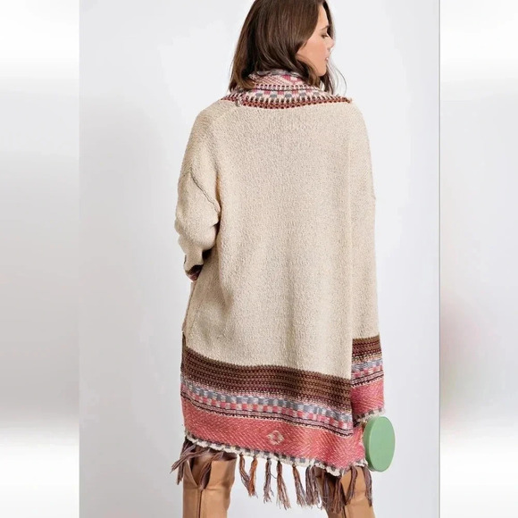 Easel Boho Tribal Pattern Fringe Detail Sweater Cardigan New - Picture 4 of 5